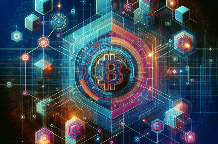 Blockchain Lending bitcoin logo surrounded by cubes and neon colors