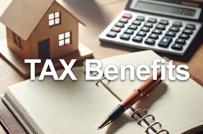Tax Benefits for Real Estate Investors Calculator, tax forms, and a house representing real estate tax benefits.