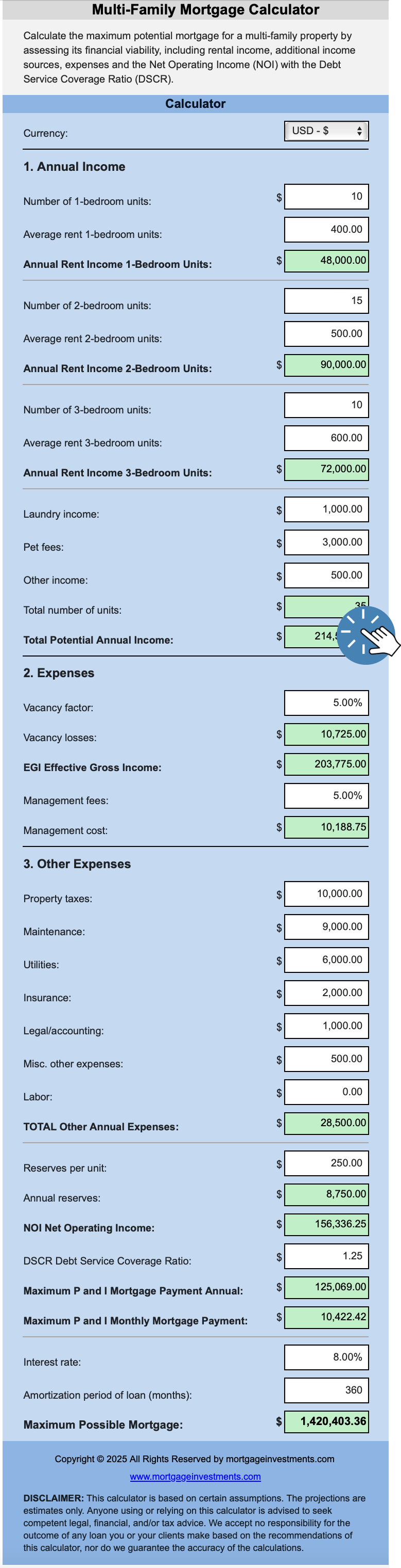 Multi-Family Online Calculator Interface - Mortgageinvestments.com Multi-family Mortgage Online Calculator with a blue background and white boxes for inputting data and green boxes for calculated results.